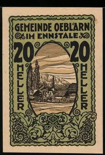 Notgeld Oeblarn 1920, 20 Heller, Landschaft im Ennstal, florale Verzierungen