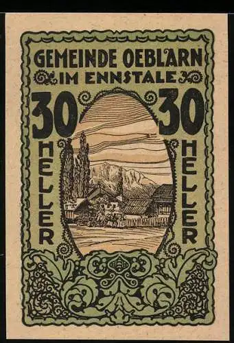 Notgeld Oeblarn 1920, 30 Heller, Landschaftsmotiv im Ennstal, Gemeindebeschluss und Unterschriften