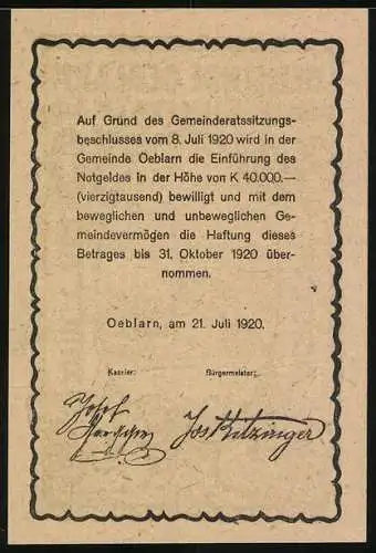 Notgeld Oeblarn 1920, 30 Heller, Landschaftsmotiv im Ennstal, Gemeindebeschluss und Unterschriften