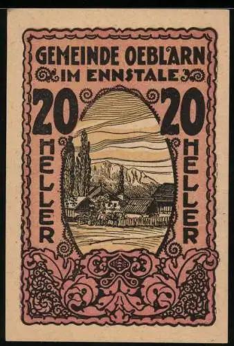 Notgeld Oeblarn 1920, 20 Heller, Landschaft mit Bergen und Häusern