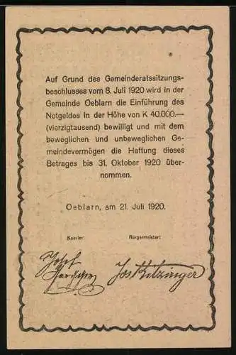 Notgeld Oeblarn 1920, 20 Heller, Landschaft mit Bergen und Häusern