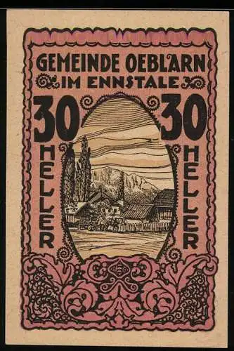 Notgeld Oeblarn 1920, 30 Heller, Landschaftsmotiv mit Dorfansicht im Ennstal