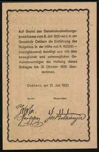 Notgeld Oeblarn 1920, 30 Heller, Landschaftsmotiv mit Dorfansicht im Ennstal