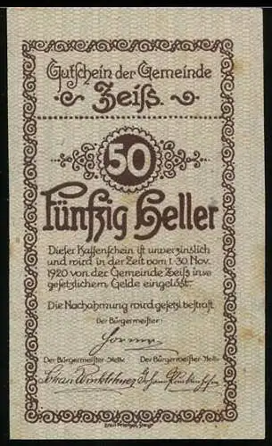 Notgeld Zeiss 1920, 50 Heller, Landschaft mit Ruine und dekorativem Rahmenmuster