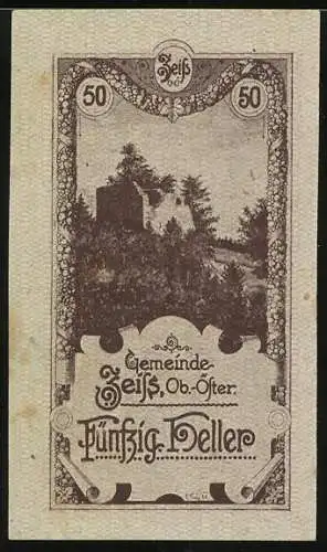 Notgeld Zeiss 1920, 50 Heller, Landschaft mit Ruine und dekorativem Rahmenmuster