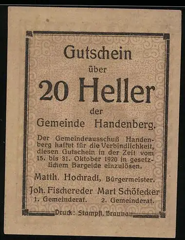 Notgeld Handenberg 1920, 20 Heller, Gebäude und Landschaftsmotiv mit dekorativem Rahmen