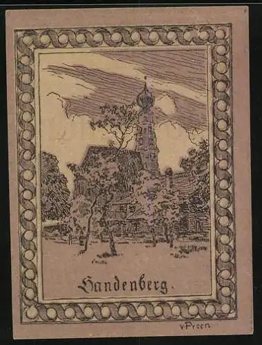 Notgeld Handenberg 1920, 20 Heller, Gebäude und Landschaftsmotiv mit dekorativem Rahmen