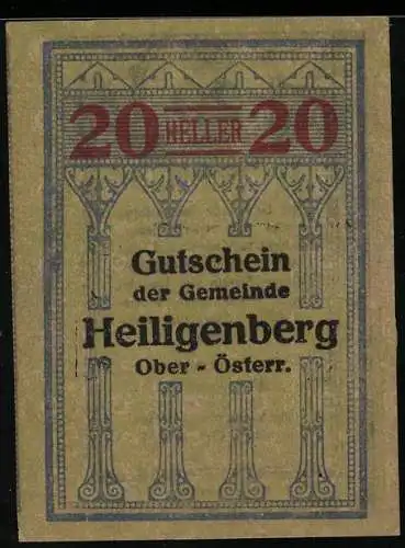 Notgeld Heiligenberg 1920, 20 Heller, gotische Bögen und Text, Gemeindehaftung durch Bürgermeister Watzenböck