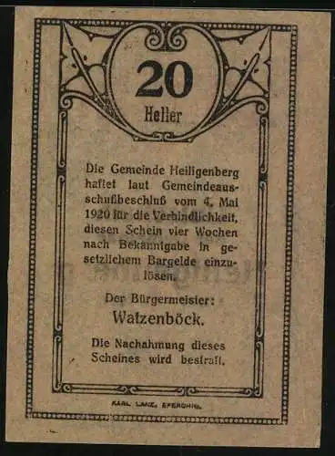 Notgeld Heiligenberg 1920, 20 Heller, gotische Bögen und Text, Gemeindehaftung durch Bürgermeister Watzenböck