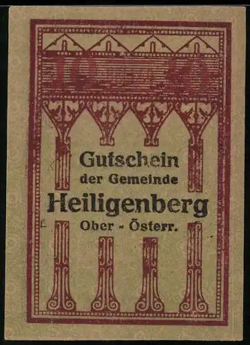 Notgeld Heiligenberg 1920, 10 Heller, gotisches Motiv und Gemeindehaushaltserklärung