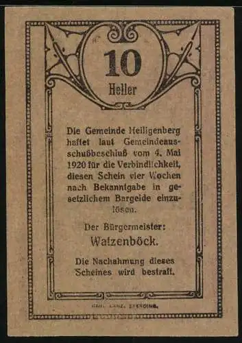 Notgeld Heiligenberg 1920, 10 Heller, gotisches Motiv und Gemeindehaushaltserklärung