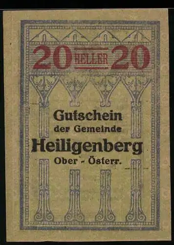 Notgeld Heiligenberg 1920, 20 Heller, gotischer Ornamentstil und Inschrift der Gemeinde