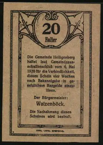 Notgeld Heiligenberg 1920, 20 Heller, gotischer Ornamentstil und Inschrift der Gemeinde