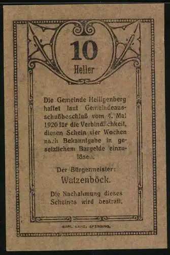 Notgeld Heiligenberg 1920, 10 Heller, gotische Architektur, Gemeindehaftungstext