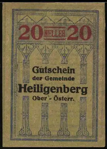 Notgeld Heiligenberg 1920, 20 Heller, gotische Ornamente und Gemeindehinweis