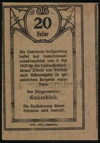 Notgeld Heiligenberg 1920, 20 Heller, gotische Ornamente und Gemeindehinweis