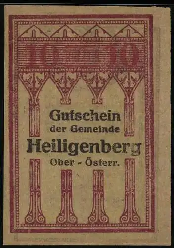 Notgeld Heiligenberg 1920, 10 Heller, gotisches Bogenmotiv und Text über Einlösungsgarantie