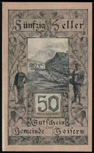 Notgeld Goisern, 50 Heller, Berglandschaft mit zwei Figuren und Drache im Waldmotiv