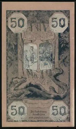 Notgeld Goisern, 50 Heller, Berglandschaft mit zwei Figuren und Drache im Waldmotiv
