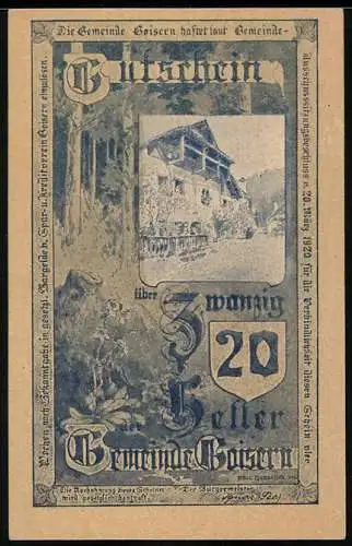 Notgeld Goisern 1920, 20 Heller, Gebäude und Landschaftsmotiv