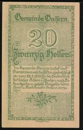 Notgeld Goisern 1920, 20 Heller, Gebäude und Landschaftsmotiv