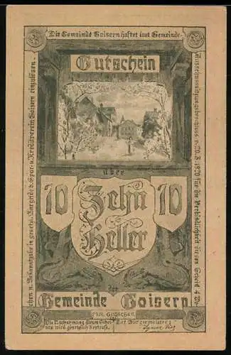 Notgeld Goisern 1920, 10 Heller, Dorflandschaft und dekorative Schriftzüge