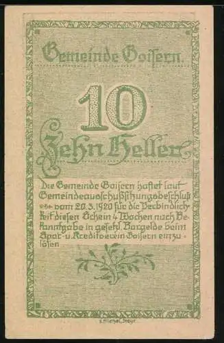 Notgeld Goisern 1920, 10 Heller, Dorflandschaft und dekorative Schriftzüge