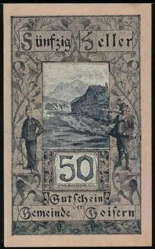 Notgeld Goisern, 50 Heller, Landschaft mit Fluss und zwei Figuren, historische Szene im Inneren