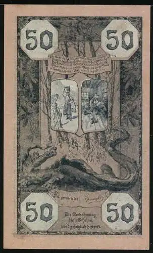 Notgeld Goisern, 50 Heller, Landschaft mit Fluss und zwei Figuren, historische Szene im Inneren