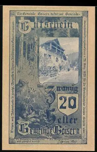 Notgeld Goisern 1920, 20 Heller, ländliches Haus und florale Verzierungen