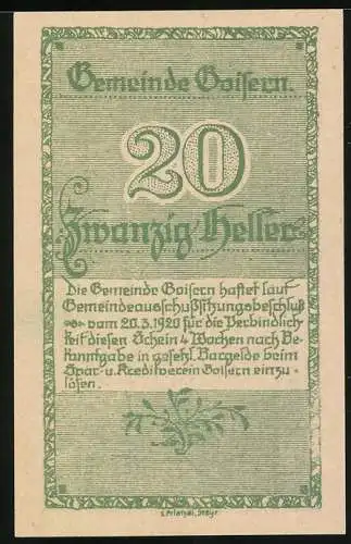 Notgeld Goisern 1920, 20 Heller, ländliches Haus und florale Verzierungen