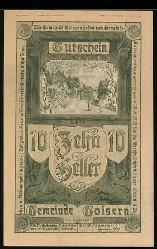 Notgeld Goisern 1920, 10 Heller, malerische Stadtansicht und dekorative Schriftzüge