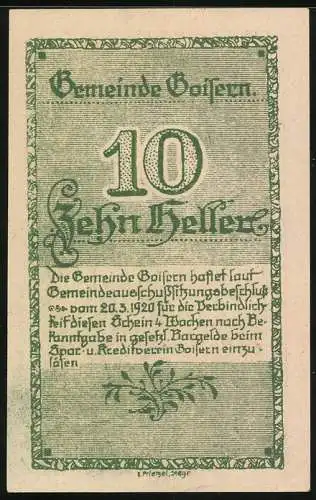 Notgeld Goisern 1920, 10 Heller, malerische Stadtansicht und dekorative Schriftzüge