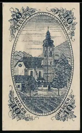 Notgeld Grossraming, 10 Heller, Kirche und Landschaftsmotiv