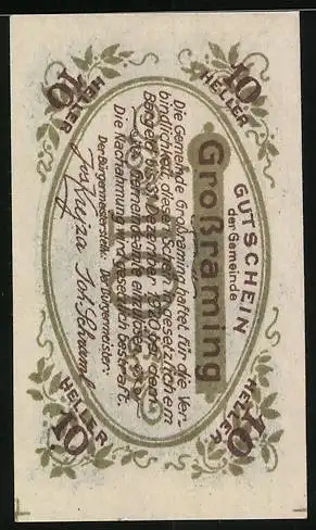 Notgeld Grossraming, 10 Heller, Kirche und Landschaftsmotiv