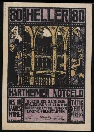 Notgeld Hartheim 1920, 80 Heller, Arkadenmotiv mit Figuren und Ornamentik