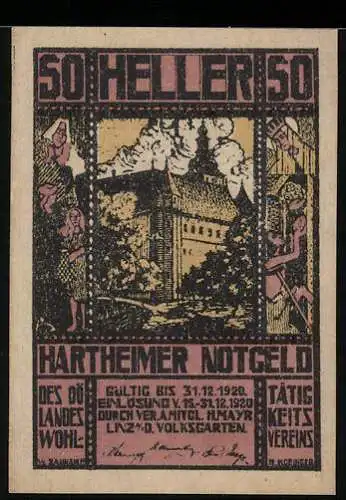 Notgeld Hartheim 1920, 50 Heller, Schloss mit umgebenden Figuren und Ornamenten