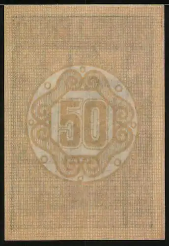 Notgeld Hartheim 1920, 50 Heller, Schloss mit umgebenden Figuren und Ornamenten