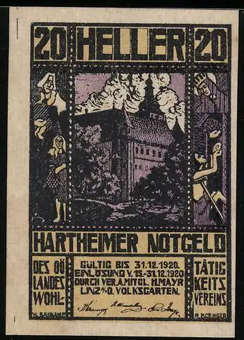 Notgeld Hartheim 1920, 20 Heller, Schlossansicht und allegorische Figuren