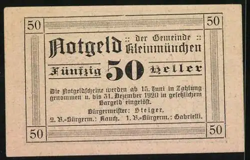 Notgeld Kleinmünchen 1920, 50 Heller, Mann mit Ketten vor Fabriken und Schornsteinen