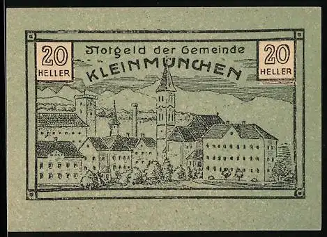 Notgeld Kleinmünchen 1920, 20 Heller, Stadtansicht mit Kirchturm, Unterschriften der Gemeindevertreter