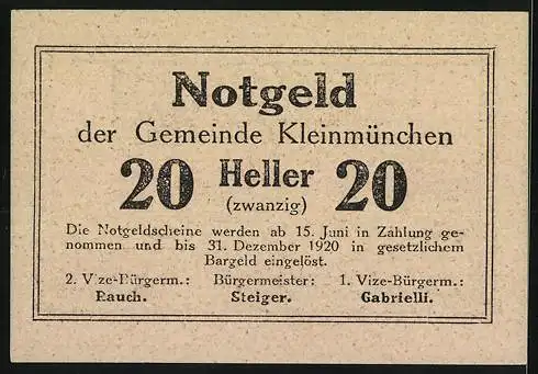 Notgeld Kleinmünchen 1920, 20 Heller, Stadtansicht mit Kirchturm, Unterschriften der Gemeindevertreter