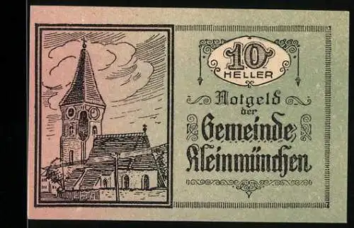 Notgeld Kleinmünchen 1920, 10 Heller, Kirche und dekorative Schriftzüge