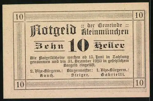 Notgeld Kleinmünchen 1920, 10 Heller, Kirche und dekorative Schriftzüge