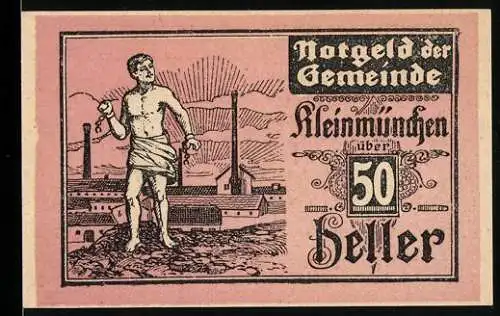 Notgeld Kleinmünchen 1921, 50 Heller, stehender Mann vor Fabriklandschaft