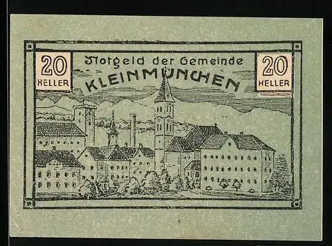 Notgeld Kleinmünchen 1920, 20 Heller, Stadtansicht mit Kirchturm und Gebäuden