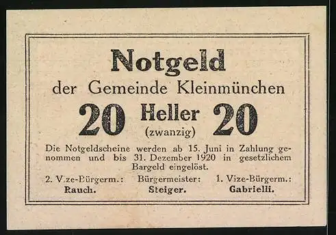 Notgeld Kleinmünchen 1920, 20 Heller, Stadtansicht mit Kirchturm und Gebäuden