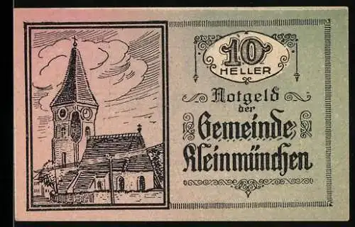 Notgeld Kleinmünchen 1920, 10 Heller, Kirche und Schriftzug der Gemeinde Kleinmünchen