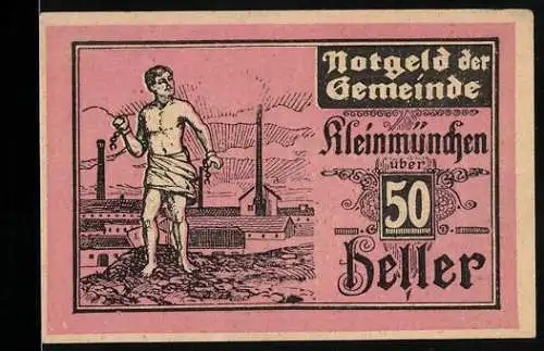 Notgeld Kleinmünchen 1920, 50 Heller, Industriearbeiter vor Fabrikgebäude