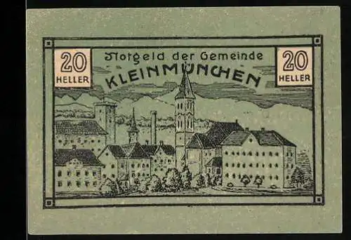 Notgeld Kleinmünchen 1920, 20 Heller, Stadtansicht mit Bergen im Hintergrund